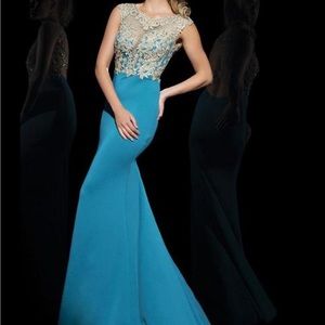 Tony Bowls teal and gold prom pageant dress